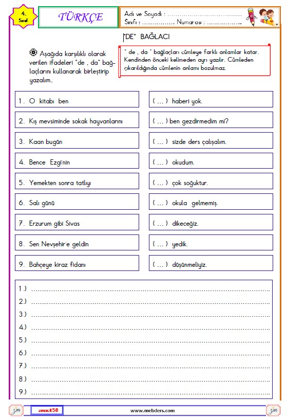 4. Sınıf Türkçe De Bağlacı Etkinliği