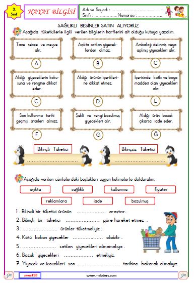 3. Sınıf Hayat Bilgisi Sağlıklı Besinler Satın Alıyoruz Etkinliği