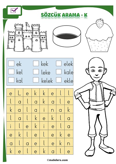 1.Sınıf İlkokuma Boyamalı Sözcük Arama Etkinliği - K Sesi