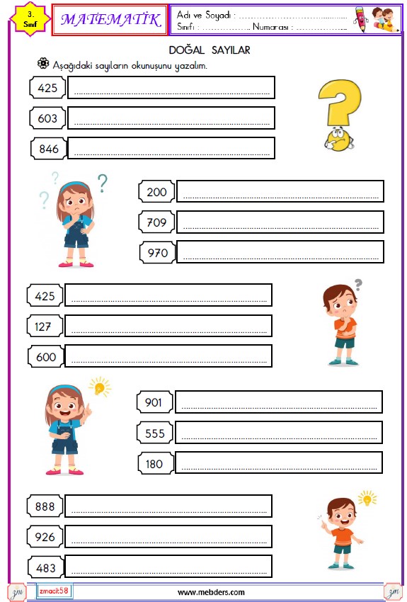 3. Sınıf Matematik Doğal Sayıları Okuma ve Yazma Etkinliği 5