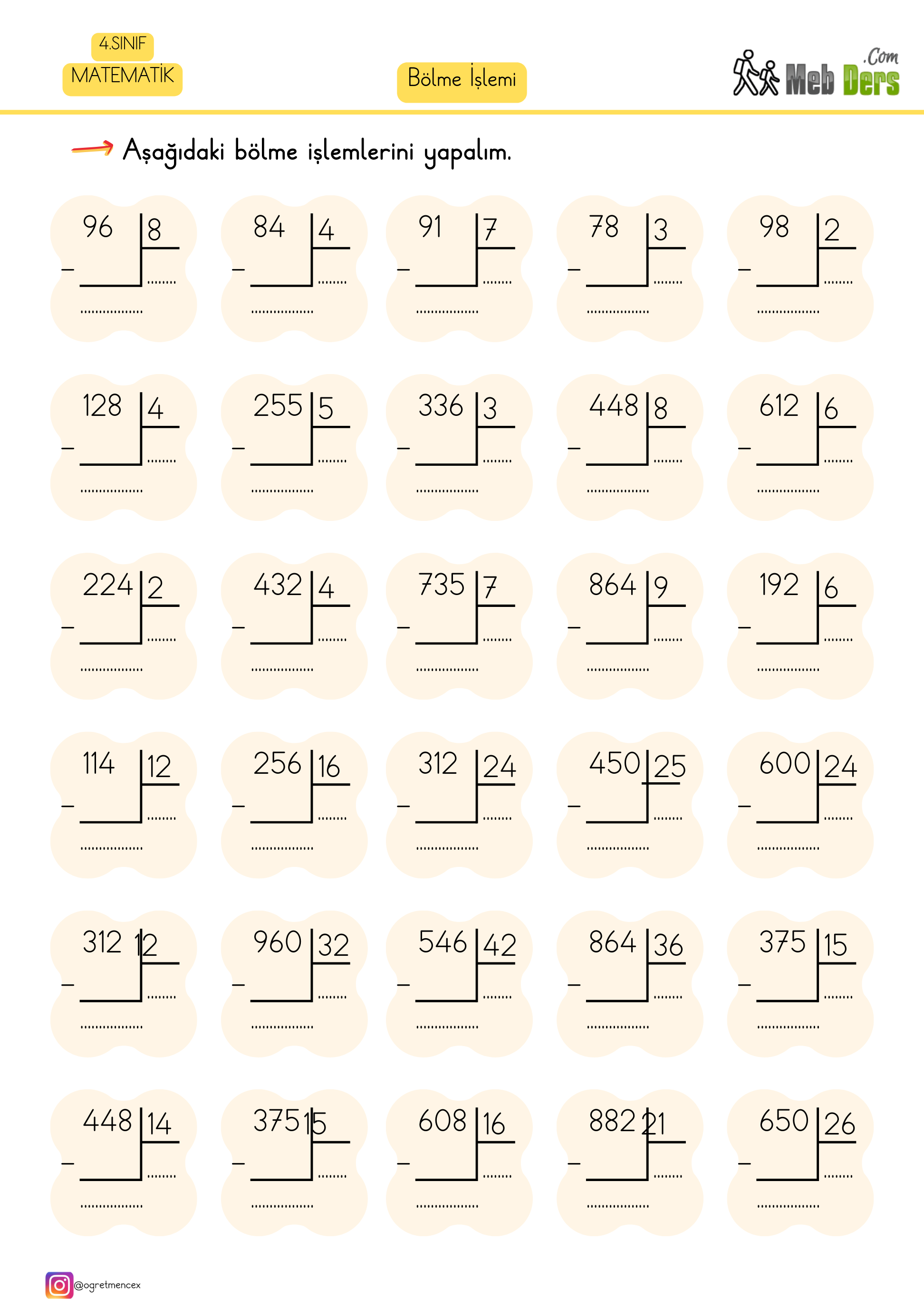 4. Sınıf Matematik Bölme İşlemi Çalışma Sayfası