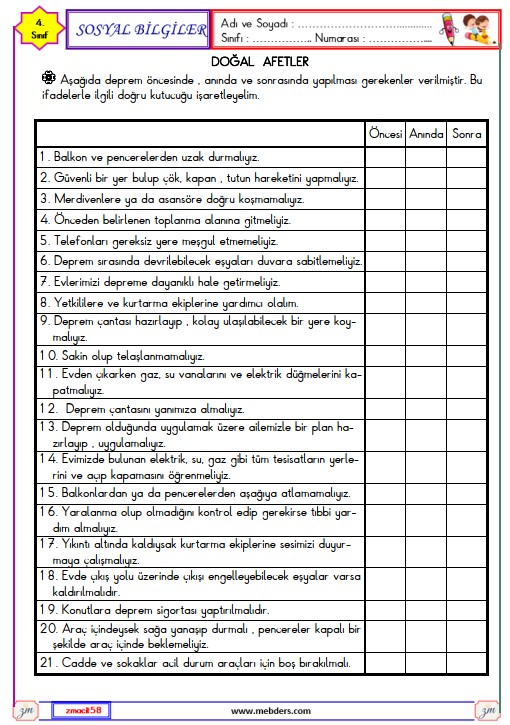 4. Sınıf Sosyal Bilgiler Doğal Afetler Etkinliği 2