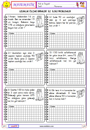 3. Sınıf Matematik Uzunluk Ölçme Birimleri İle İlgili Problemler Etkinliği 4