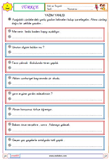 2. Sınıf Türkçe Yazım Yanlışları  Etkinliği 3