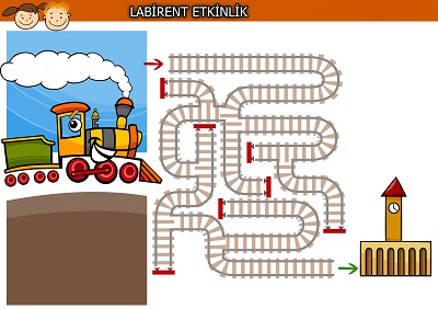 İstasyona varmak isteyen tren labirent bulmaca etkinliği