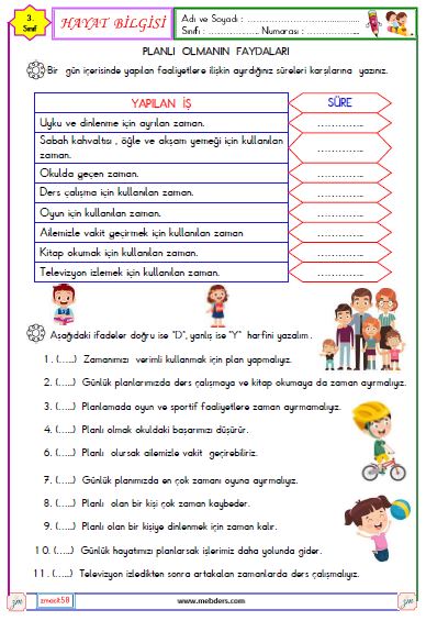 3. Sınıf Hayat Bilgisi Planlı Olmanın Faydaları  Etkinliği