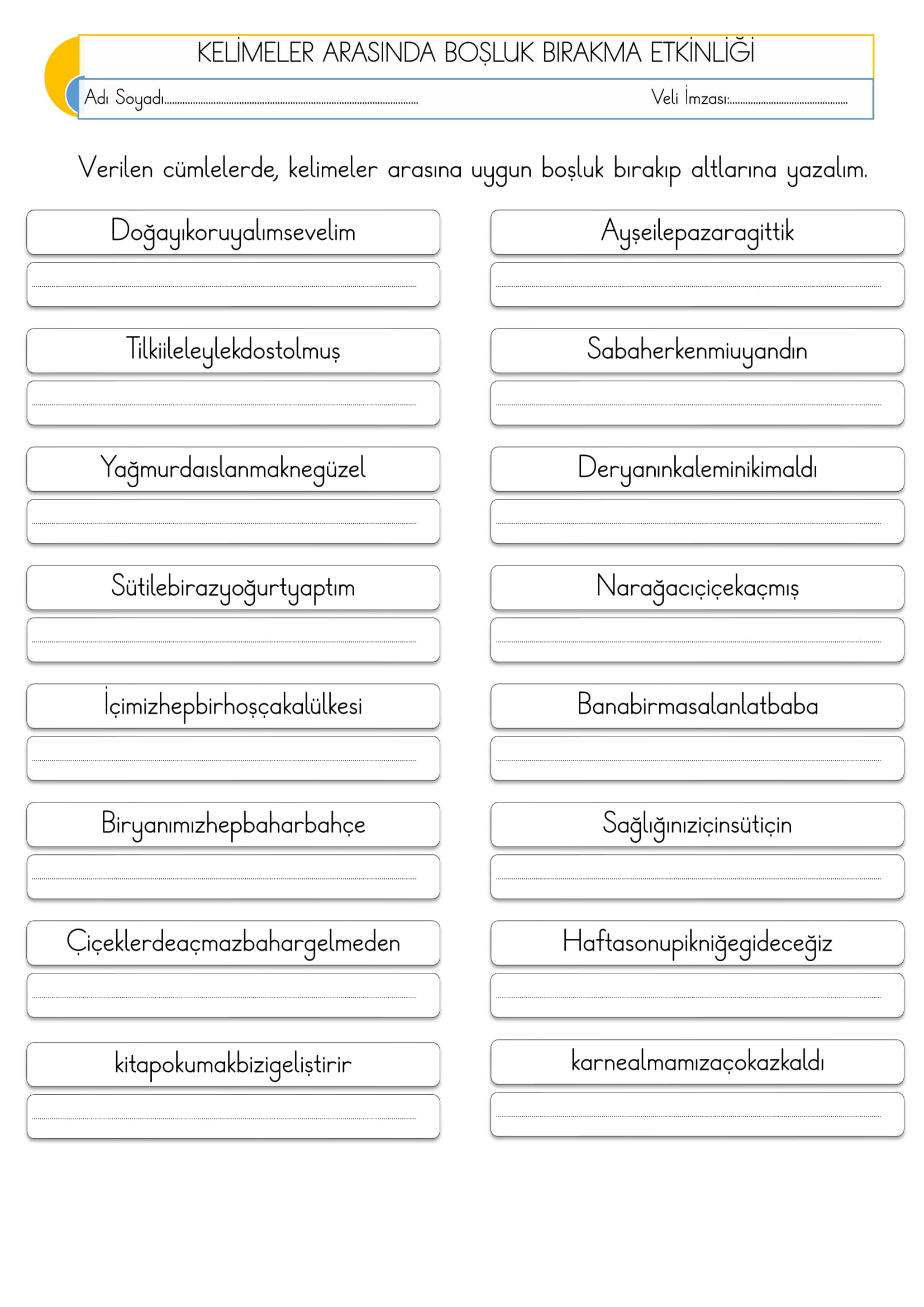 1.Sınıf Türkçe Kelimeler Arasında Boşluk Bırakma Etkinliği