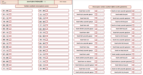 2.Sınıf - Matematik - Saatler Etkinliği-1