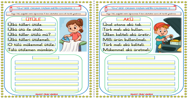 1. Sınıf İlk Okuma Yazma Ü Sesi Okuma Yazma Metin Çalışması