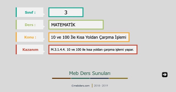 3.Sınıf Matematik 10 ve 100 İle Kısa Yoldan Çarpma İşlemi Sunusu