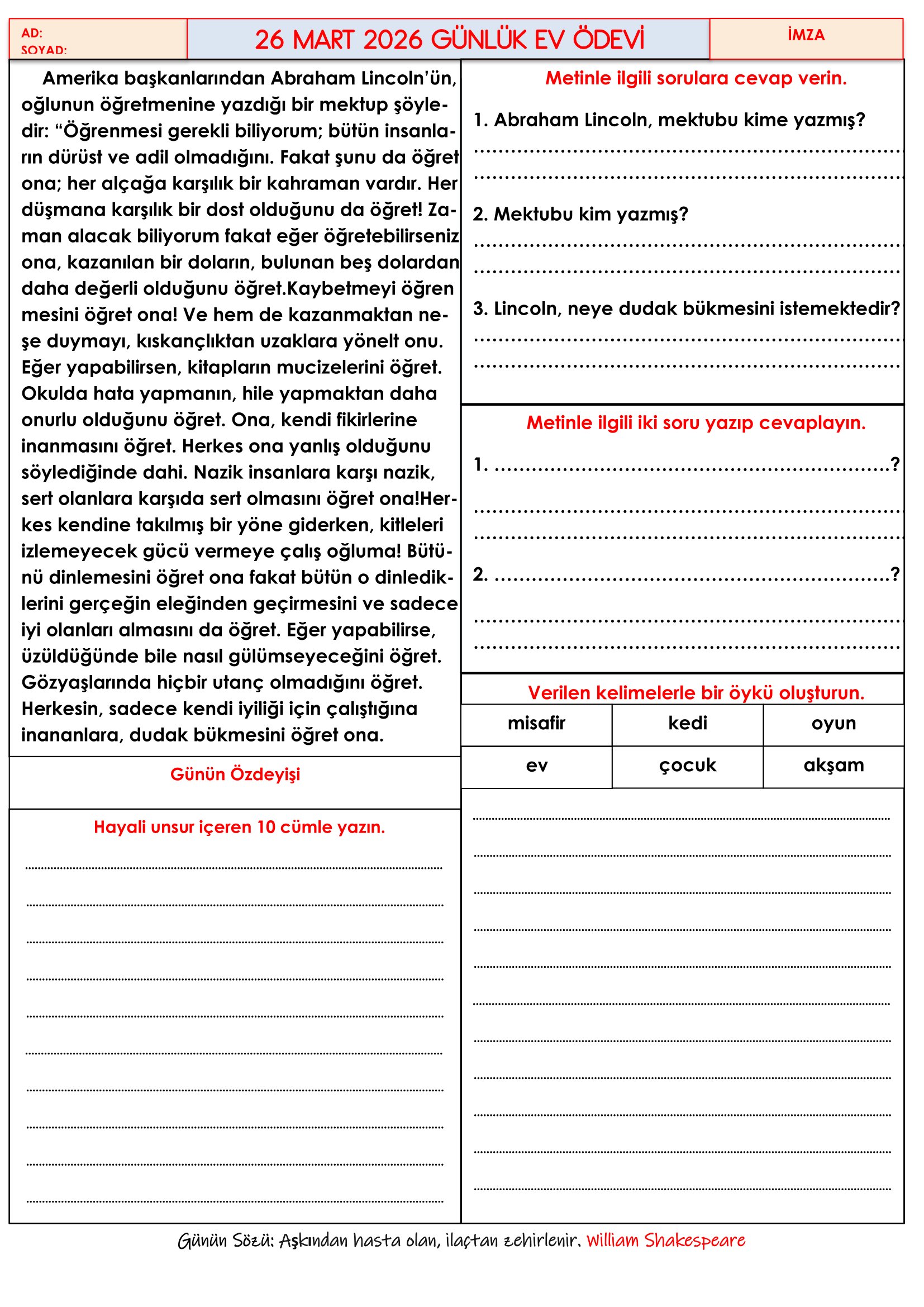 4.Sınıf - 26 Mart 2026 Günlük Ev Ödevleri