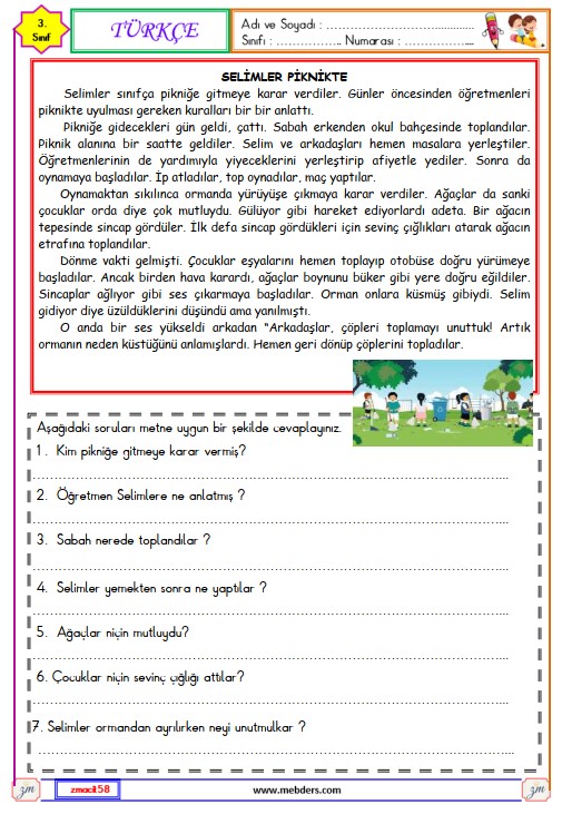 3. Sınıf Türkçe Okuma ve Anlama Metni Etkinliği (Selimler Piknikte)