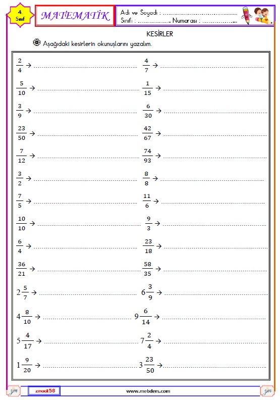 4. Sınıf Matematik Kesirler Etkinliği 1