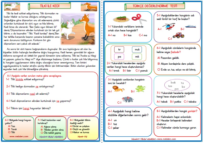 1.Sınıf Türkçe Tilki ile Kedi  Değerlendirme Çalışması  4