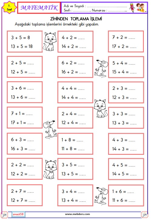 1. Sınıf Matematik Zihinden Toplama İşlemi Etkinliği 4