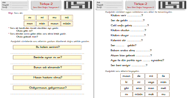 2.Sınıf Türkçe Soru Ekini Doğru Yazıyorum Çalışma Sayfaları