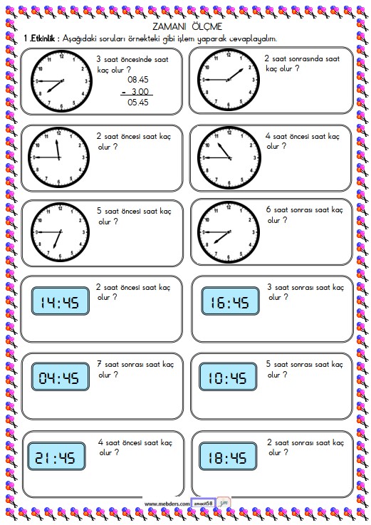 2. Sınıf Matematik Zamanı Ölçme ve Saat Etkinliği 14