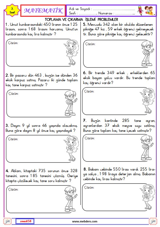 3. Sınıf Matematik Toplama ve Çıkarma İşlemi Problemleri Etkinliği 4