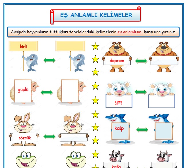 2.Sınıf Türkçe Eş (Anlamdaş) Anlamlı Kelimeler Etkinlik Çalışması