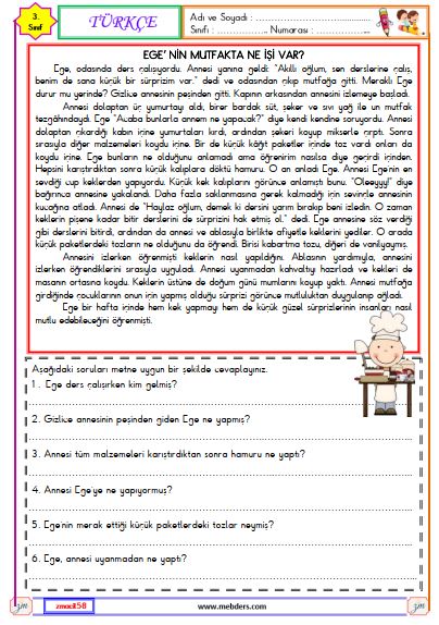 3. Sınıf Türkçe Okuma ve Anlama Metni Etkinliği (Ege'nin Mutfakta Ne İşi Var ? )