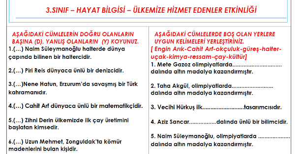 3.Sınıf - Hayat Bilgisi Ülkemize Hizmet Edenler Etkinliği