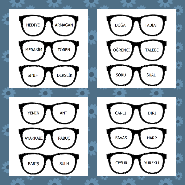 2. Sınıf Türkçe - Gözlük İçinde Eş Anlamlı Kelimeler (Pano İçin)