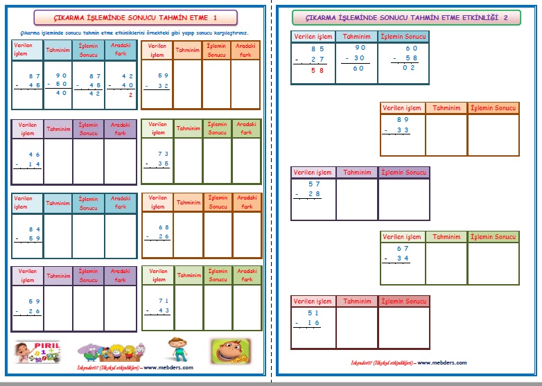 2.Sınıf Matematik Çıkarma İşleminde Sonucu Tahmin Etme  (3 sayfa)