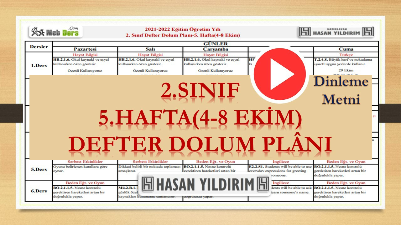 2.Sınıf 5.Hafta(4-8 Ekim) Defter Dolum Planı