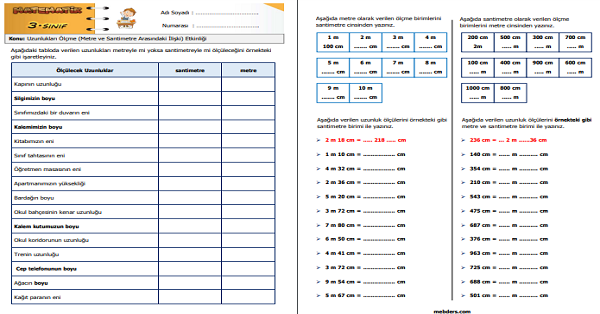 3.Sınıf Matematik Uzunlukları Ölçme (Metre ve Santimetre Arasındaki İlişki) Etkinliği 4