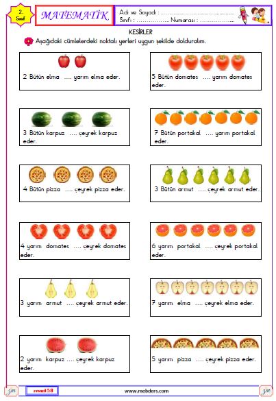 2. Sınıf Matematik Bütün, Yarım, Çeyrek Etkinliği 3