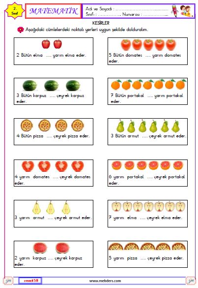 2. Sınıf Matematik Bütün, Yarım, Çeyrek Etkinliği 3