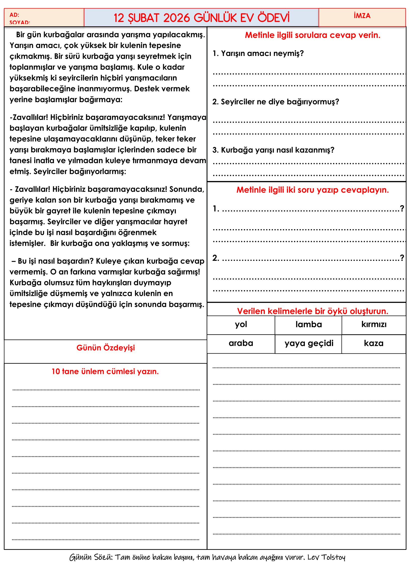 4.Sınıf - 12 Şubat 2026 Günlük Ev Ödevleri