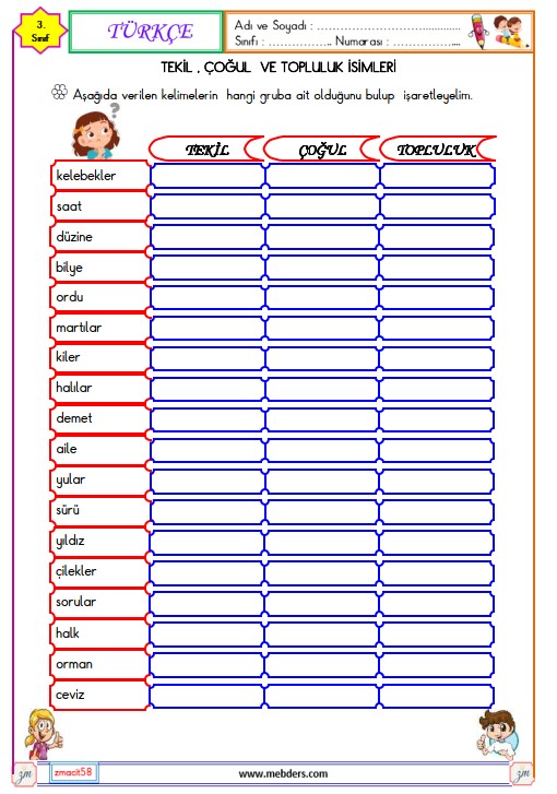3. Sınıf Türkçe Tekil , Çoğul ve Topluluk İsimleri Etkinliği
