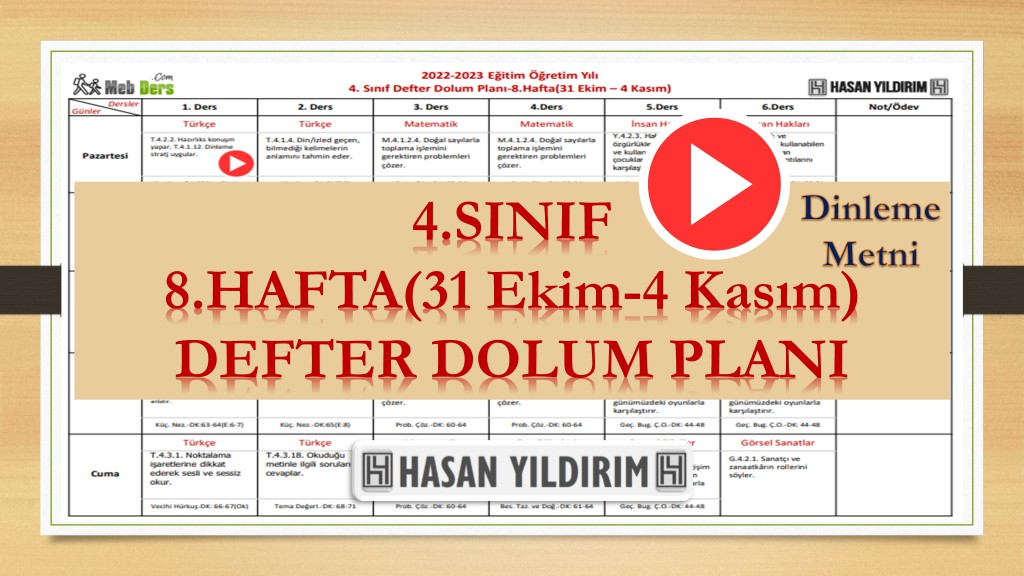 2022-2023 Eğitim Öğretim Yılı 4. Sınıf 8. Hafta (31 Ekim-4 Kasım) Defter Dolum Planı