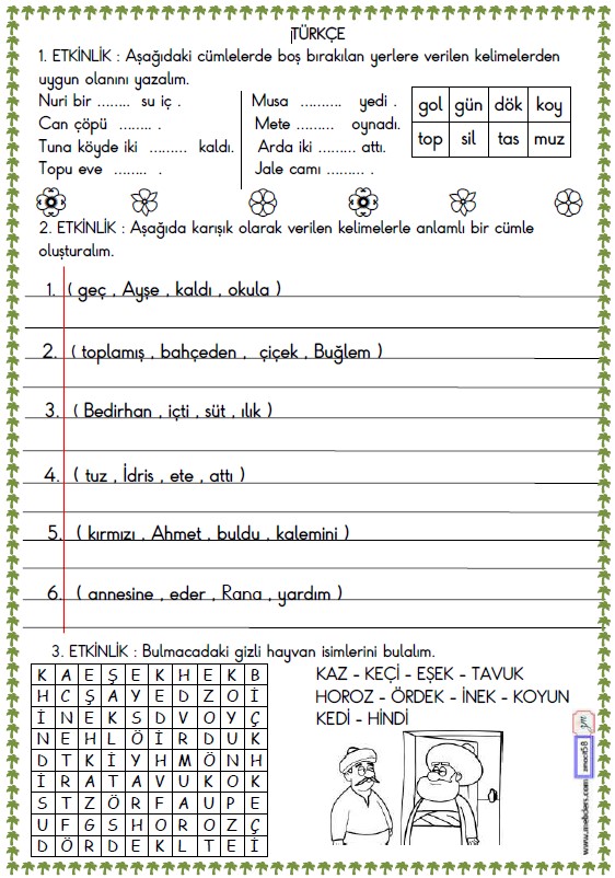 1. Sınıf Türkçe Boşluk Doldurma ve Cümle Oluşturma Etkinliği 4