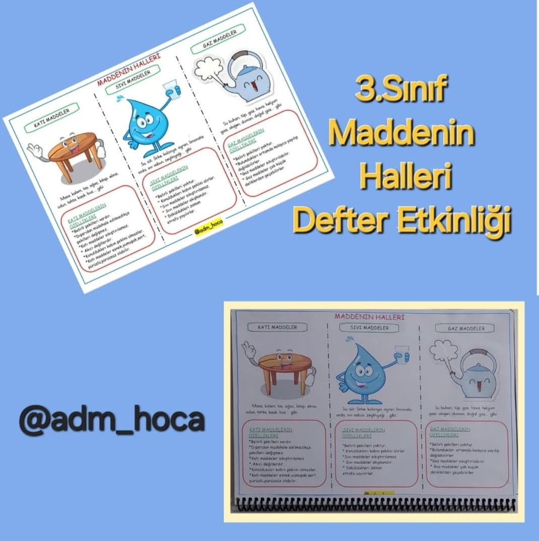 3. Sınıf Fen Bilimleri Maddenin Halleri Defter Etkinliği
