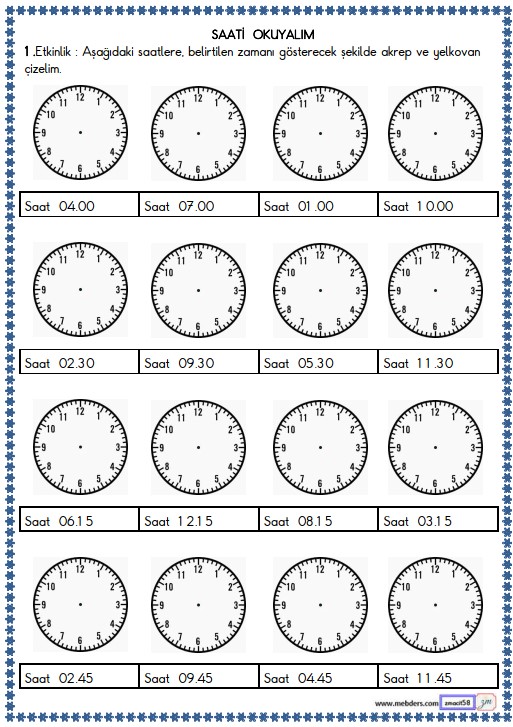 2. Sınıf Matematik Zamanı Ölçme, Saat Etkinliği 23