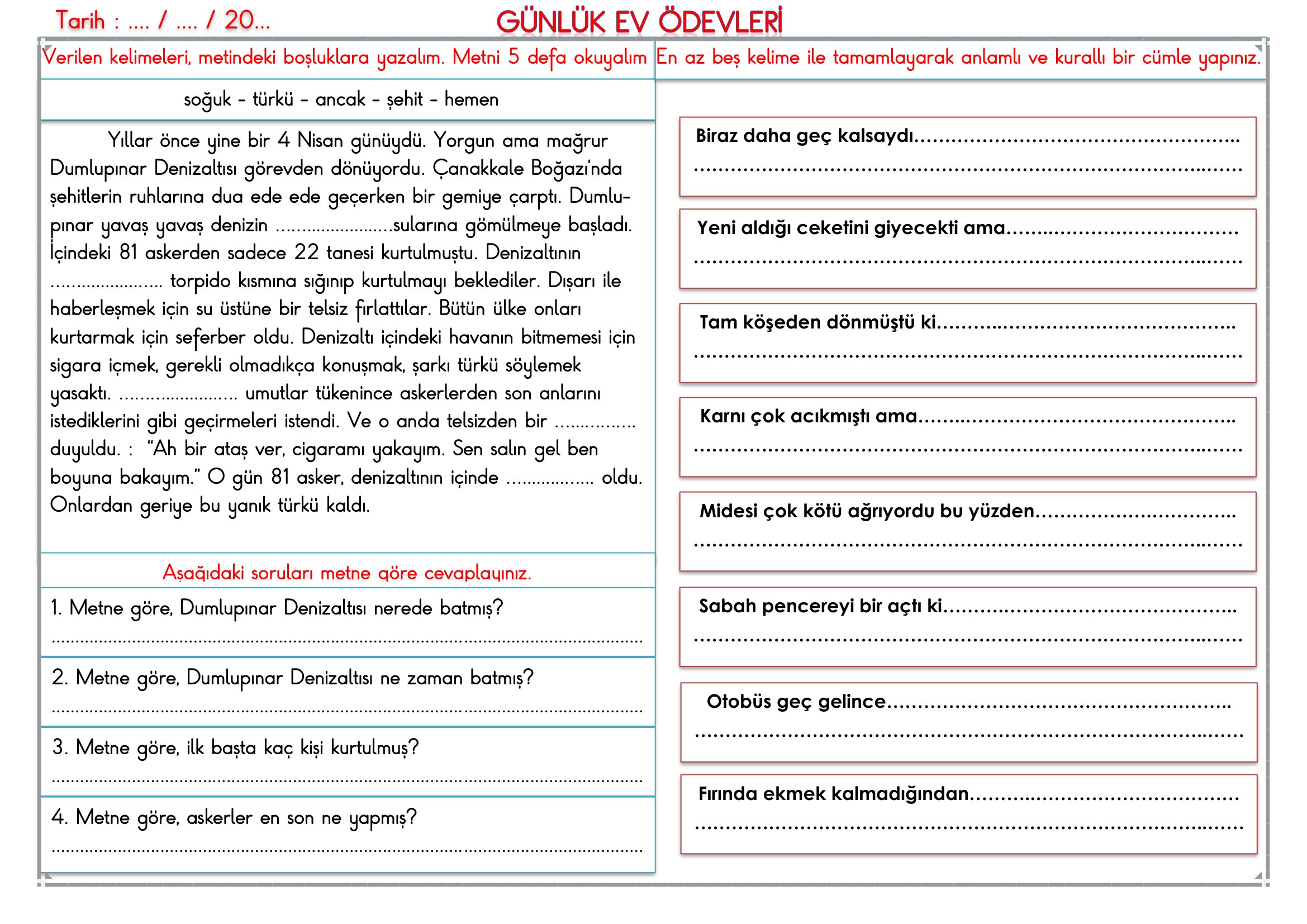 2.Sınıf - 07 Nisan 2026 Günlük Ev Ödevleri