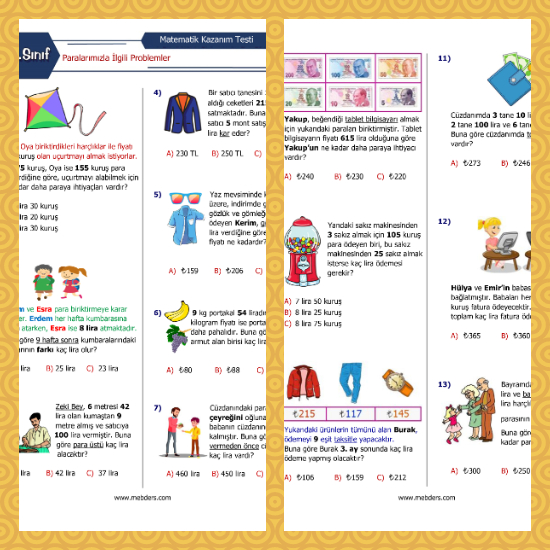 3. Sınıf Matematik Paralarımızla İlgili Problemler Kazanım Testi
