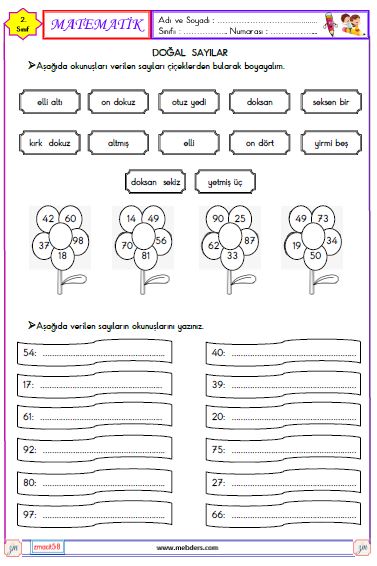 2. Sınıf Matematik Sayıları Yazma ve Okuma  Etkinliği 2