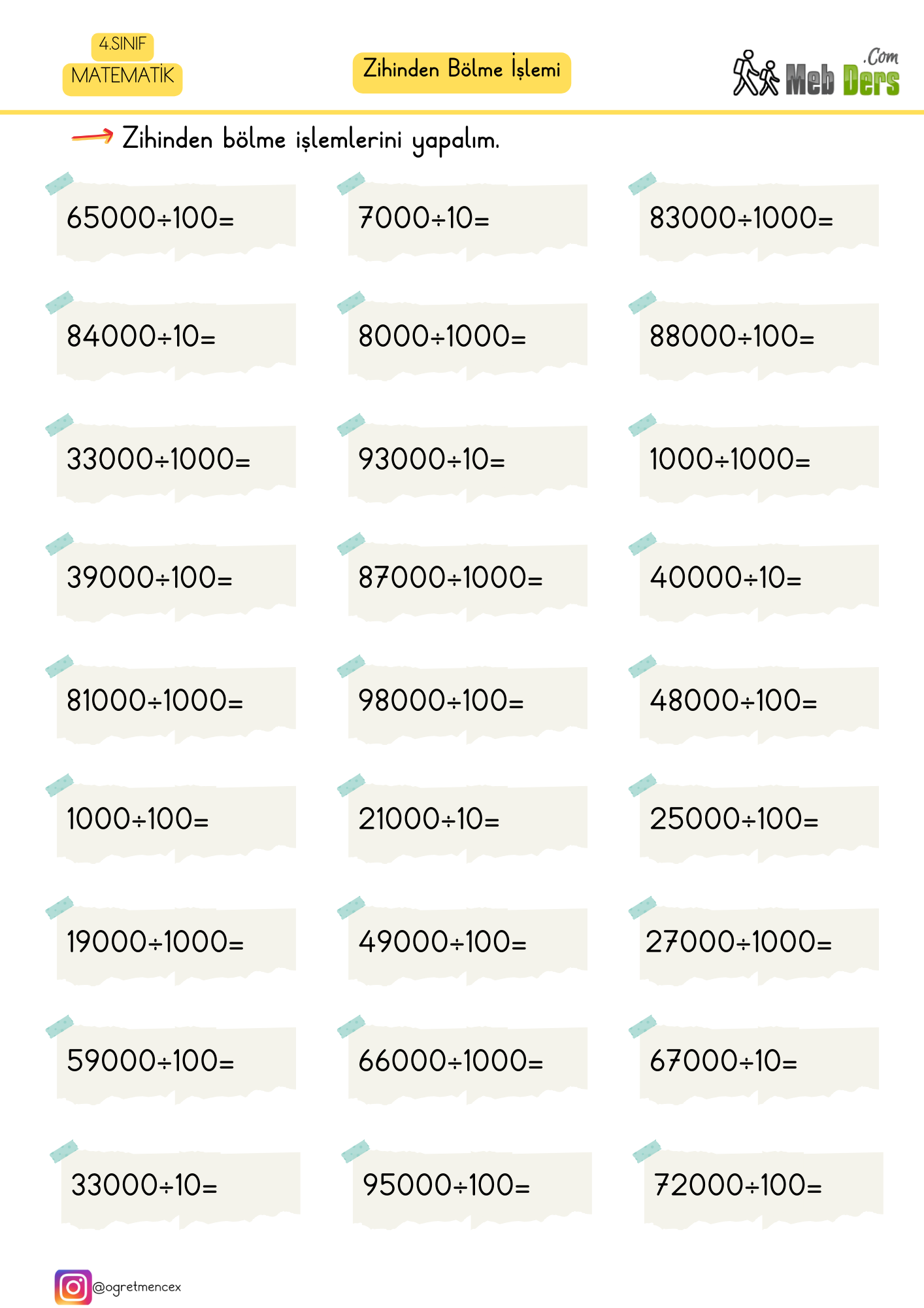 4. Sınıf Matematik Zihinden Bölme İşlemi Çalışma Sayfası