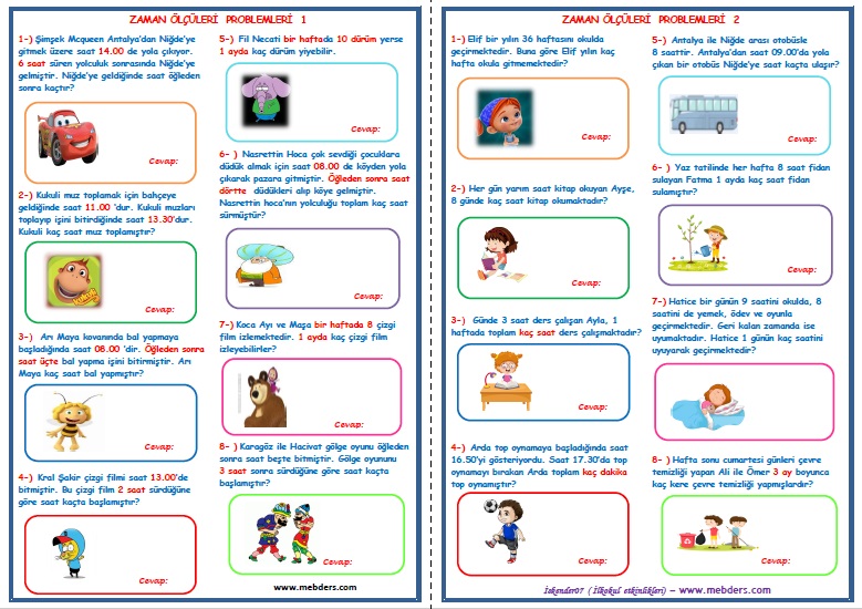 2.Sınıf Matematik Zaman Ölçüleri Problemleri 1-2    ( 2 Sayfa-16 Soru)