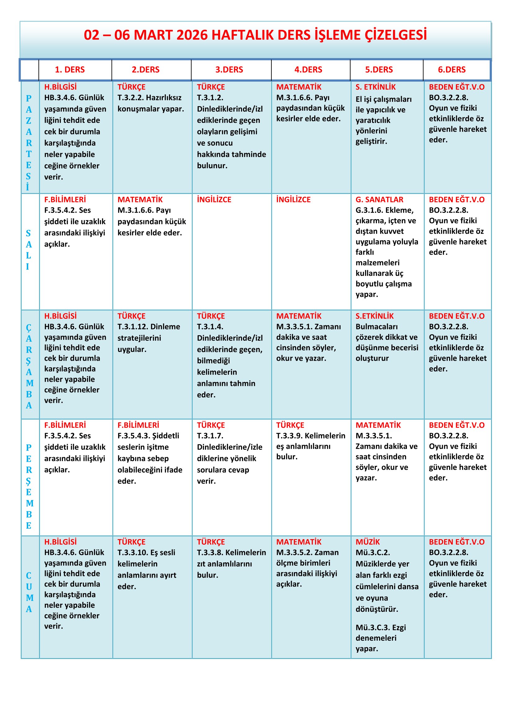 3.Sınıf 02 - 06 Mart 2026 Haftalık Ders İşleme Çizelgesi.doc