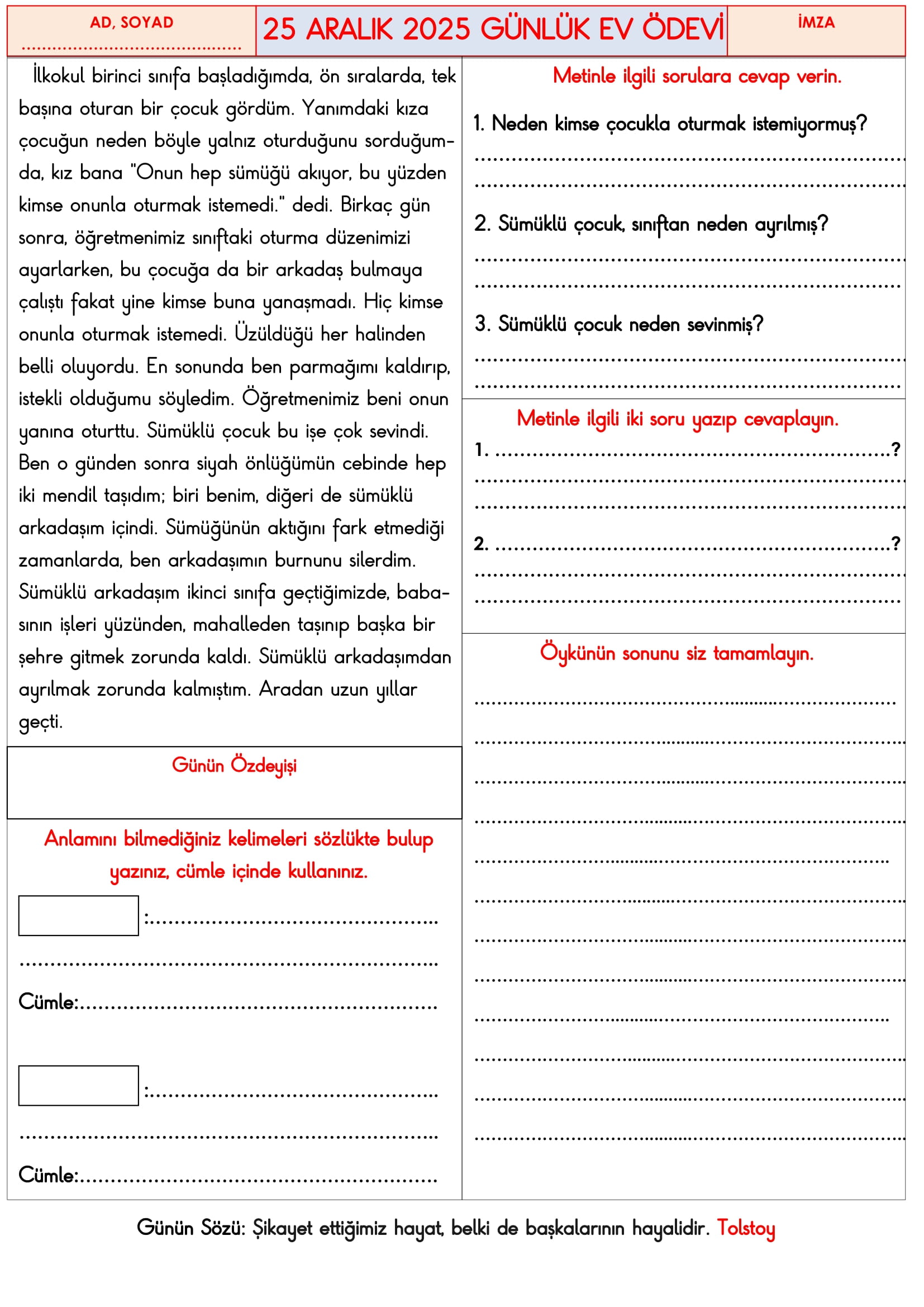 3.Sınıf - 25 Aralık 2025 Günlük Ev Ödevleri