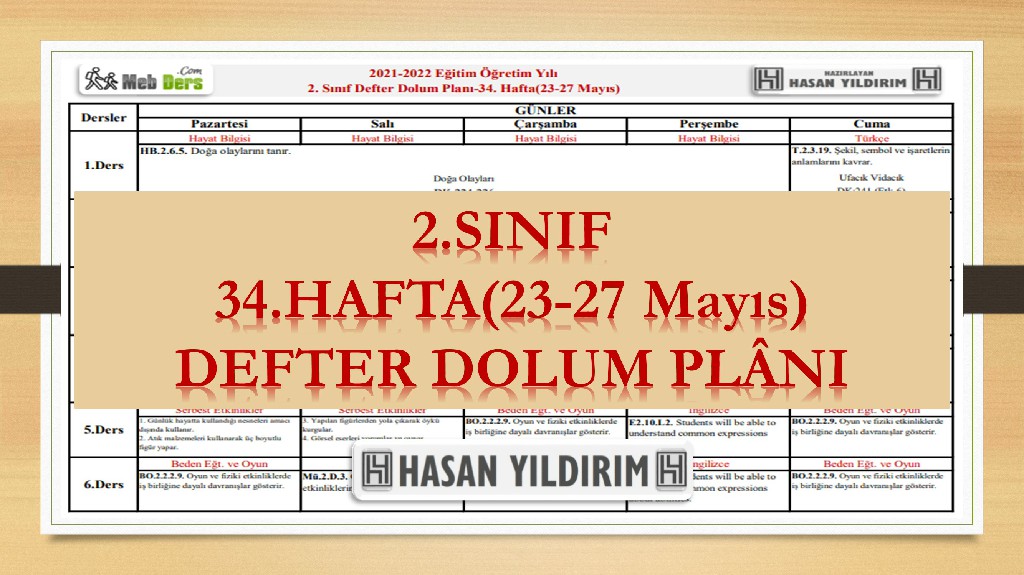 2.Sınıf 34.Hafta(23-27 Mayıs) Defter Dolum Planı