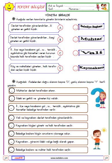 3. Sınıf Hayat Bilgisi Yönetim Birimleri Etkinliği