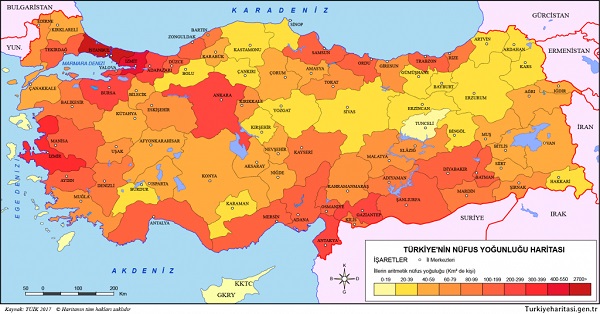 Türkiye Nüfus Yoğunluğu Haritası