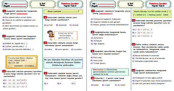 3.Sınıf Türkçe Noktalama İşaretleri Yaprak Test-2