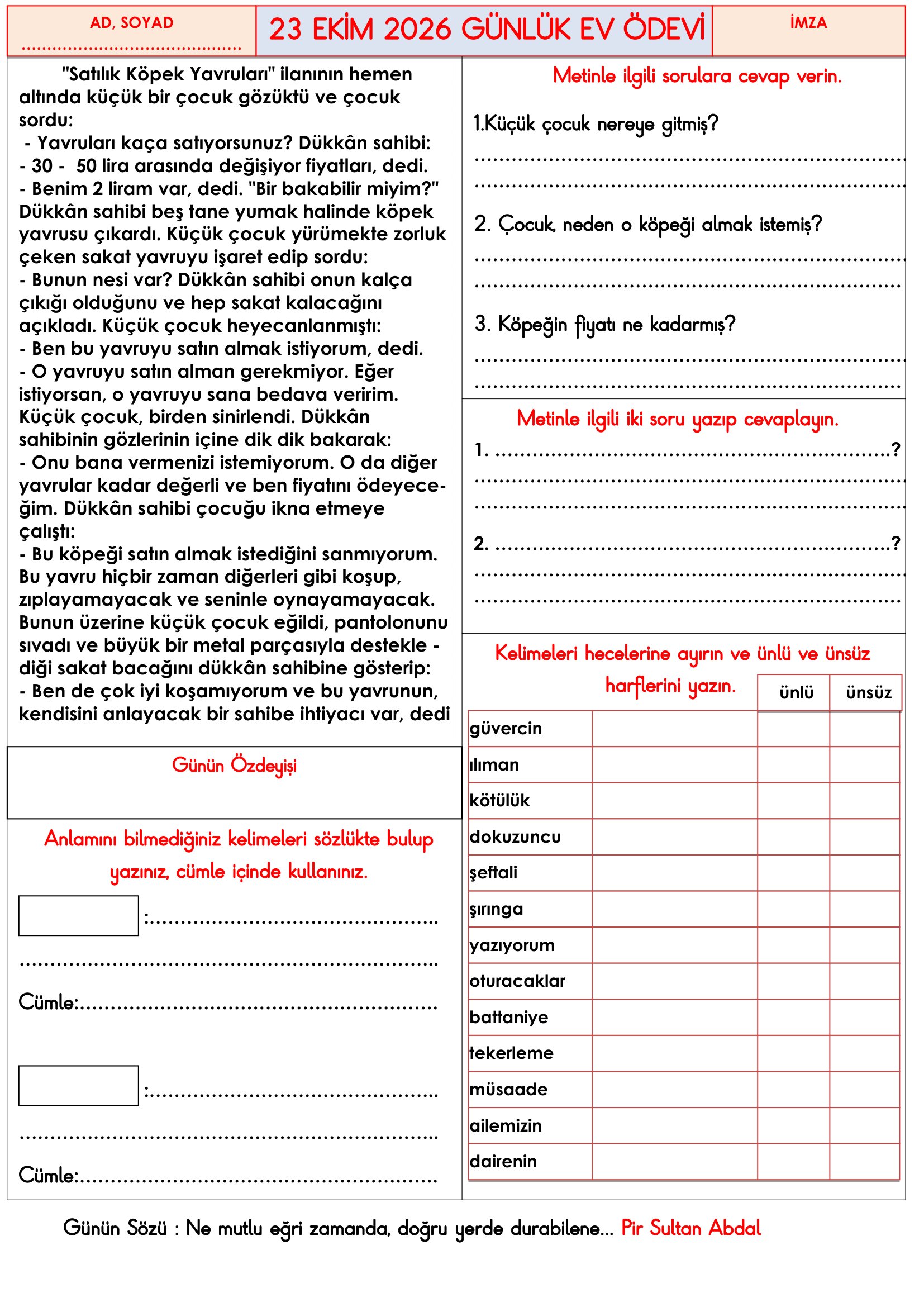 3.Sınıf - 23 Ekim 2026 Günlük Ev Ödevleri