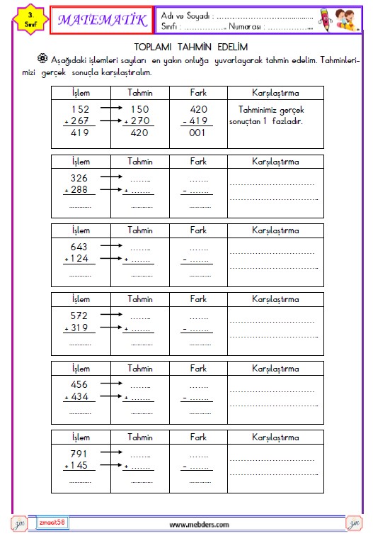 3. Sınıf Matematik Toplamı Tahmin Edelim Etkinliği 1